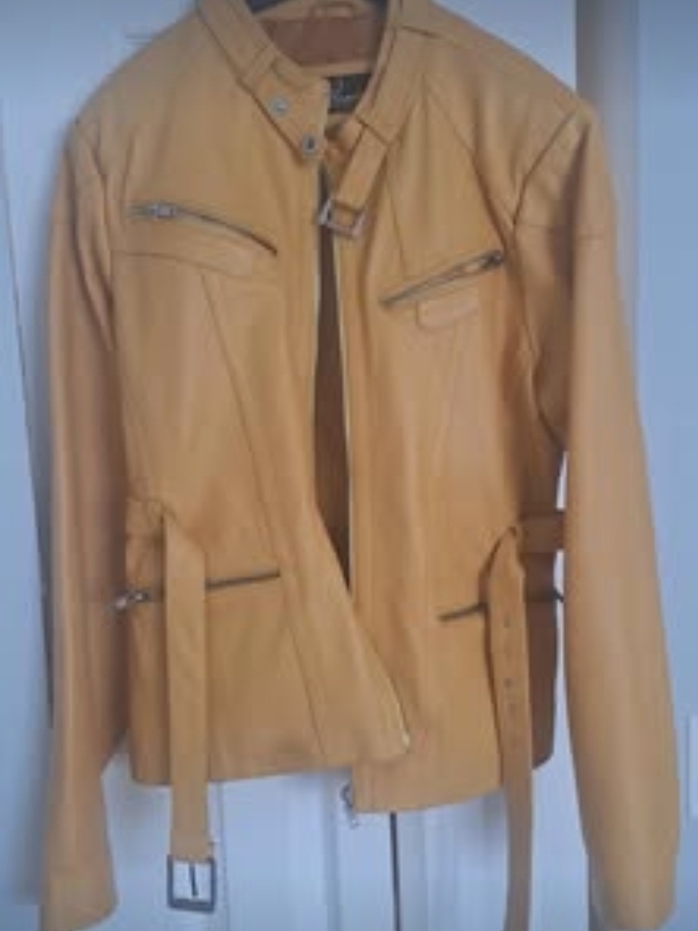 Women’s Yellow Leather Belted Moto Jacket